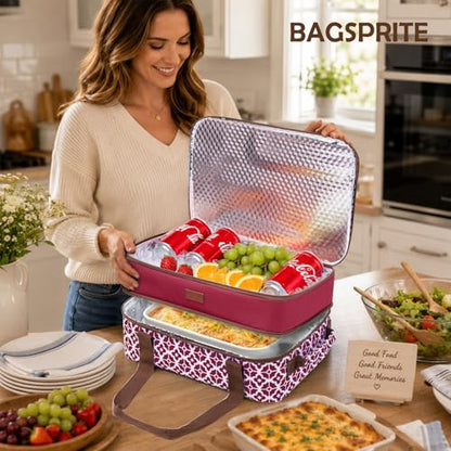 BAGSPRITE Double-Layer Insulated Casserole Carrier for 9" x 13" Baking Dish - color: Cranberry