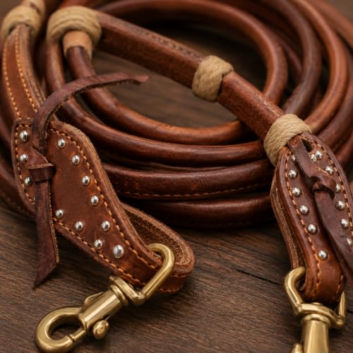 CHALLENGER Horse Western Leather Rolled Tie End Barrel Reins Brass Rawhide 66RT13