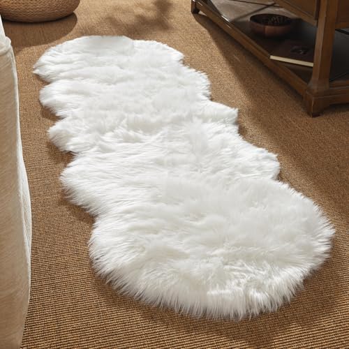 Ashler Faux Fur Rug, White, 2 x 6 Ft, Machine Washable - color: C-white, size: 6' x 2' (Irregular)