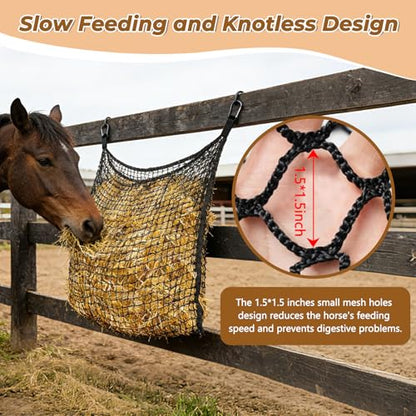 2 PCS Slow Feed Hay Net for Horses, Large Capacity Hay Bags with 4 Carabiner Clips and Gloves, Heavy Duty Slow Feeder for Horse Goat Sheep, Full Day Feeding for Stall Trailer, Black, 35 x 31 Inch