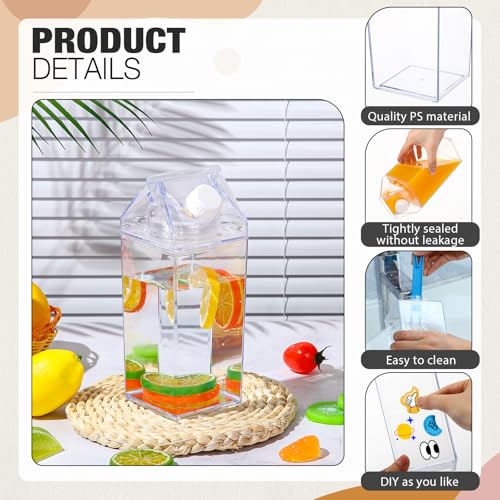 Remerry 3 Pcs Milk Carton Water Bottle Square Plastic Coffee Portable Reusable Milk Carton Cup Leakproof Juice Bottle - color: Clear, size: 25 oz
