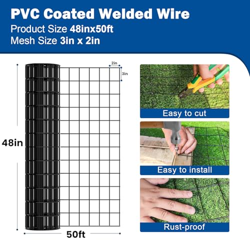 Black Metal Fence，Pet Fence Netting，Black PVC Coated Welded Wire (2×3 Inch Mesh, 48"×50' 16Gauge) - Weatherproof Garden Fence & Animal Enclosure Solution - size: 2x3inch 48inx50ft