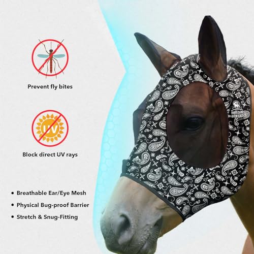 Harrison Howard Super Comfort Stretchy Fly Mask Large Eye Space with UV Protection Soft on Skin with Breathability Paisley Wave Cob (Medium) - color: Paisley Wave, size: Cob (Medium)