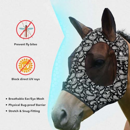 Harrison Howard Super Comfort Stretchy Fly Mask Large Eye Space with UV Protection Soft on Skin with Breathability Paisley Wave Cob (Medium) - color: Paisley Wave, size: Cob (Medium)