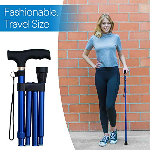 RMS Folding Cane, Adjustable, Lightweight Offset Walking Cane | Aluminum Collapsible Walking Stick with Ergonomic Derby Handle, cane folds for travel and storage - color: Blue