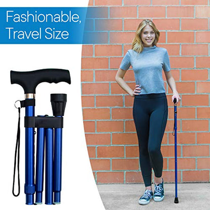 RMS Folding Cane, Adjustable, Lightweight Offset Walking Cane | Aluminum Collapsible Walking Stick with Ergonomic Derby Handle, cane folds for travel and storage - color: Blue