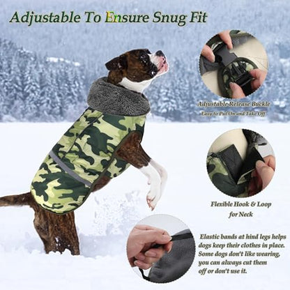 Dogcheer Warm Dog Coat, Waterproof Dog Jacket Reflective Adjustable Puppy Winter Coat with Buckle, Christmas Pet Snow Jacket Turtleneck Fleece Sweater for Small Medium Large Dogs- Camo Green, S - color: Camo Green, size: Small