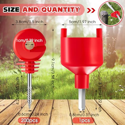 Sweetude 200 Pcs Electric Fence Insulator with 1 Pcs Insulator Socket Tool Screw in Ring Post Wood Post Electric Fence Ring with Socket Tool for Animal(Red) - color: Red