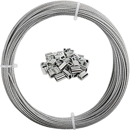 1/16 Wire Rope, 200FT 304 Stainless Steel Cable with 100Pcs Crimp Sleeves, Aircraft Grade, 7x7 Strand, 368lbs Breaking Strength, for Garden Trellis, Clothesline, Railing,Trellis - size: 200 ft
