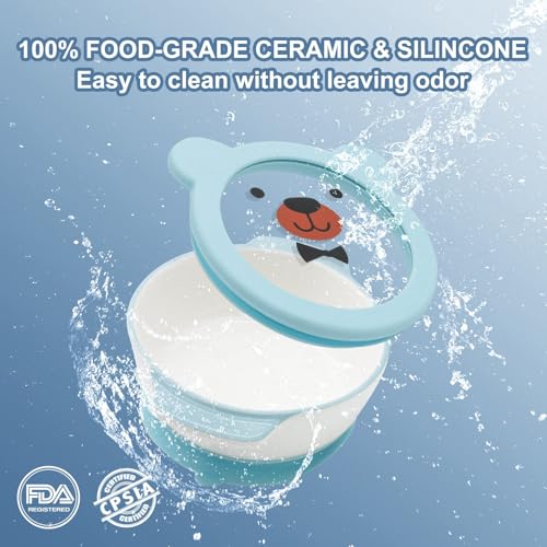 MR. CHOU Ceramic Baby Bowls with Suction Base, Infant Led Weaning Supplies with BPA Free Airtight Lid & Handles for Babies Self-feeding, 100% Food Grade Kid Bowls, Microwave & Dishwasher Safe, Blue - color: Blue-C