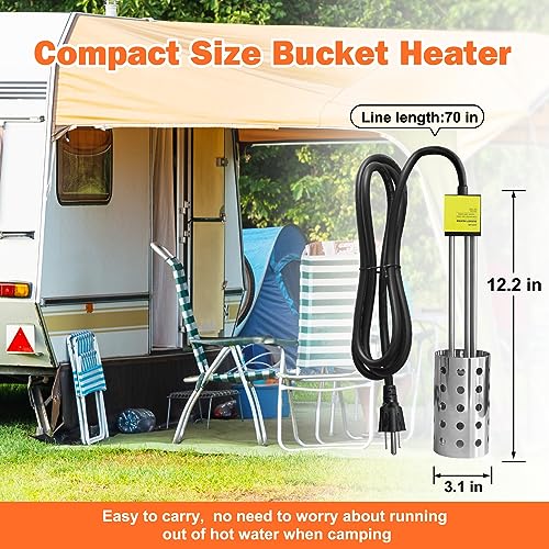 1500W Bucket Heater, Rust Proof Built in Temperature Controller Immersion Water Heater, Heats 5 Gallons of Water in Minutes with Auto Shutoff, for Home Outdoor Camping and Winter Job