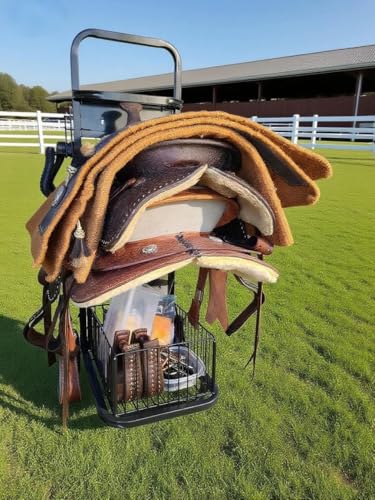 Rolling Horse Saddle Rack Cart Foldable Saddle Pad Rack Stand 3 Tier Heavy Duty with Removable Saddle Stands & Storage Basket, Horse Tack Organizer for Stable Storage, Moving, Transport Supplies