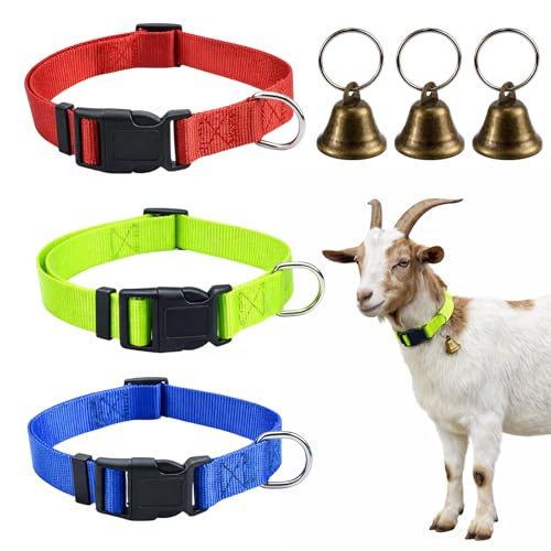 3 Set of Goat Harness in Red Green Blue Colors,Goat Collars with Bells,Adjustable Farm Collar for Grazing Management and Animal Tracking, Durable Livestock Accessories for Small Farms(18"-23")