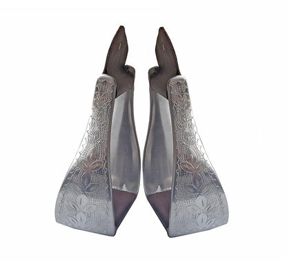 Aluminum Engraved 4.75" Adult Western Horse Bell Stirrups with Original Leather - color: Brown Leather