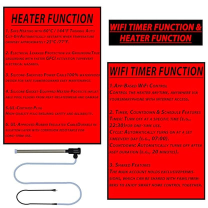 3500W 240V 316 Immersion Water Heater with Wi-Fi, Timer, and Temperature Control – Portable Submersible Heater Suitable for Spa, Above-Floor Swimming Pools, Inflatable Pools, Hot Tubs, and Bathtubs