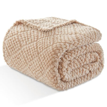 EMME Fleece Blanket, 3D Jacquard Throw Blanket for Couch and Bed, Soft Cozy and Fluffy Blankets Lightweight Luxury Flannel with Waffle Design (Beige, 80" x 90") - color: 02-waffle-beige, size: Queen