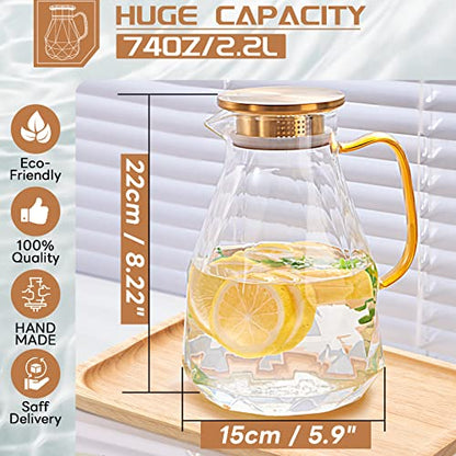Glass Pitcher, 2.2 Liter Water Pitcher With Lid | Iced Tea Pitcher for Fridge,Carafe With Lid, Glass Water Jug For Juice, Milk, Cold Or Hot Beverages, 2 Quart - size: 74.4 Ounces