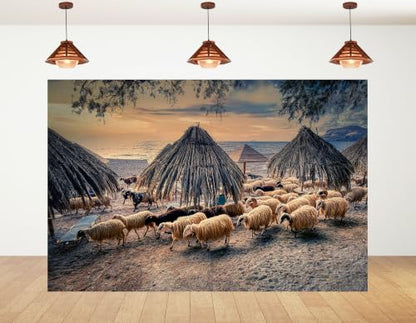 4x4ft Fabric Beach Straw Hut Sheep Backdrop Thatched Beach Umbrella Flock Wool Sheep Sandy Shore Calm Sea Sunset Sky Tapestry Beach Party Decorations Photo Booth Props - size: 4x4ft