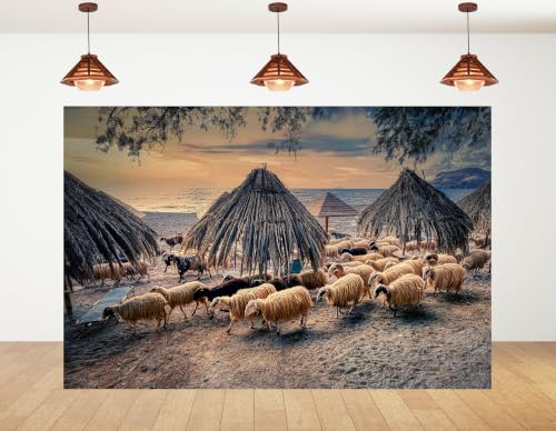 7x5ft Fabric Beach Straw Hut Sheep Backdrop Thatched Beach Umbrella Flock Wool Sheep Sandy Shore Calm Sea Sunset Sky Tapestry Beach Party Decorations Photo Booth Props - size: 7x5ft