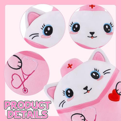Nurse Cat Stuffed Animal, 8-Inch Pink Cat Plush Toy with Stethoscope Embroidery, Cute Cat Plushie Pillow Gifts for Nurses Women, Nursing Student Graduation and Appreciation Week Gift - style: Nurse Cat