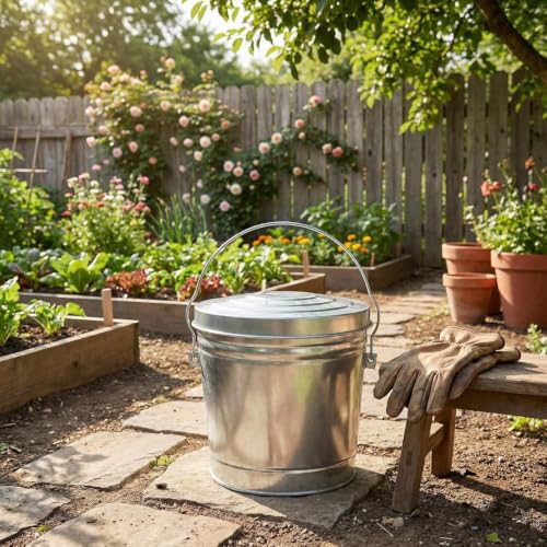 6-Gallon Galvanized Steel Storage Can with Lid, Heavy-Duty Metal Trash Can for Outdoor, Indoor Use, Pet Food Container, Bird Seed Storage, Ash Bucket, Rodent Proof, Ideal for Garage, Garden, Patio