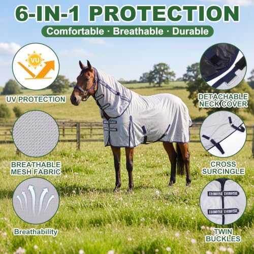 Horse Summer Sheet Breathable Mesh Blanket with Neck, Size 76 Light Gray - color: Light Gray, size: Size 76, style: Polyester Mesh
