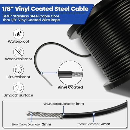 TooTaci 1/8" Wire Rope Kit, 200FT Black Vinyl Coated Stainless Steel Cable - color: Black, size: 200FT-1/8 Black Vinyl Coated Cable