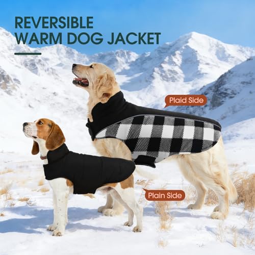 Kuoser Dog Winter Coat, Reversible Waterproof Dog Jacket with Reflective Strip, Warm Dogs Fleece Vest Adjustable Doggy Cold Weather Clothes Plaid Christmas Outfit Pet Apparel for Medium Dogs, Black M - color: Black, size: Medium (Chest Girth: 17.3-20.9''