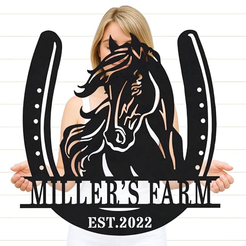 Custom Horse Ranch Metal Sign with Family Name – Personalized Outdoor Wall Art for Farm Entrance, Barn Door, or Gate, Rustic Ranch Decor for Horse Property Owners - color: Horse Sign #11