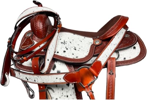Western Barrel Saddle Set Brown Genuine Leather Hair On Cowhide Hand Tooled Horse Saddle with Headstall, Breast Collar & Reins for Trail Riding, Rodeo, Ranch & Pleasure, 8-17 Inch - size: 18 inch