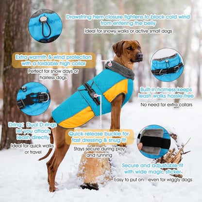 QBLEEV Warm Dog Jacket, Waterproof Dog Winter Coat with Harness - color: Lake-Blue, size: Medium