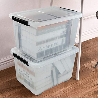 35 Quart Plastic Wheeled Storage Bin, 4 Pack Latching Storage Box | Clear Material, Stackable - size: 35 Quart