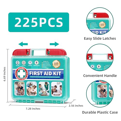 SuccorWare 225 Pieces First Aid Kit, Includes Ice Pack, Adhesive Bandages, Wound Gauze Pads, Portable First Aid Bag for Home, Car, Business, Travel, Outdoor Emergency Medical Kits