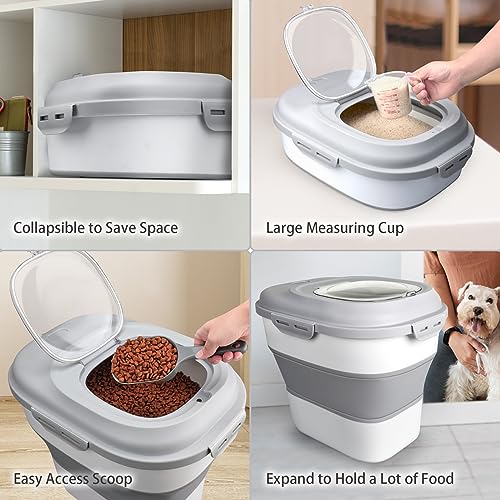 Komzon Rice Storage Bin Cereal Containers, 13-50lb Collapsible Rice Container Dispenser with Transparent Lid, Rolling Wheels, Measuring Cup and Scoop, Airtight Dog Cat Pet Food Storage Container White - color: White