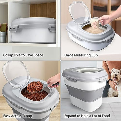 Komzon Rice Storage Bin Cereal Containers, 13-50lb Collapsible Rice Container Dispenser with Transparent Lid, Rolling Wheels, Measuring Cup and Scoop, Airtight Dog Cat Pet Food Storage Container White - color: White