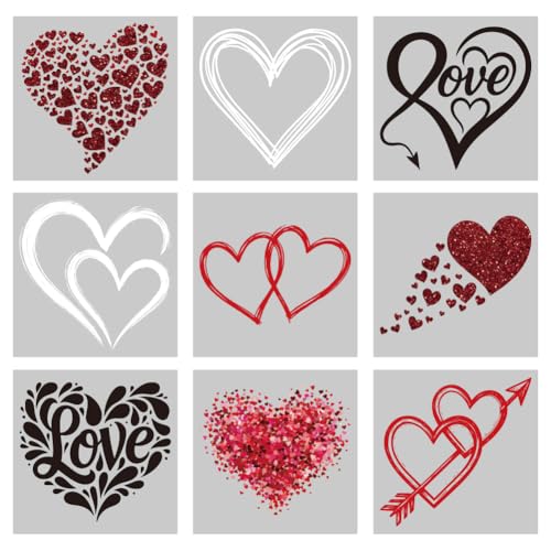 arricraft 9 Sheets Heart Theme Iron on Stickers, Different Hearts Pattern Print Transfer Stickers Decals for Valentine's Day DIY T-Shirt Jeans Backpacks Families Clothing Hat Decoration - style: Heart Theme