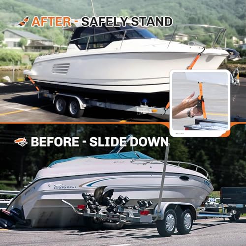 WELLUCK Boat Trailer Transom Tie Down Straps 2400 LBS, 1 Inch x 4 FT Heavy Duty Retractable Ratchet Straps Tie Downs to Trailer Marine Jet Ski Pontoon, with Quick Release Buckle & Anti-Scratch Hooks - color: Orange