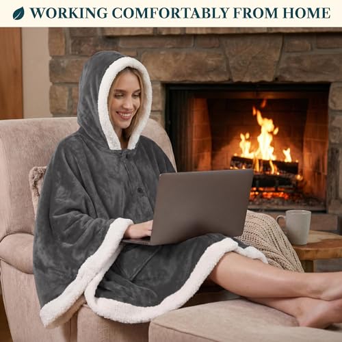 PAVILIA Hooded Blanket Poncho for Women, Fleece Wearable Shawl Wrap, Grey | Fleece Shawl Wrap with Hood, Adult Wearable Blanket, Cozy Warm Poncho Cape Throw with Pockets, Gift for Elderly Mom - color: Grey