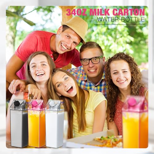 Remerry 3 Pcs Milk Carton Water Bottle Square Plastic Coffee Portable Reusable Milk Carton Cup Leakproof Juice Bottle - color: Pink Black Clear, size: 34 oz