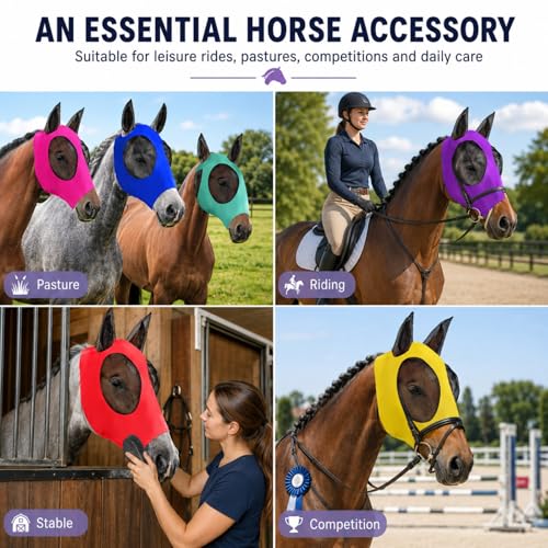 Sanwuta 12 Pcs Horse Fly Masks with Ears, Breathable Mesh UV Protection Horse Face Masks, Soft Elastic Comfortable Fit for Riding Outdoor Summer Supplies Bulk (Medium) - size: Medium