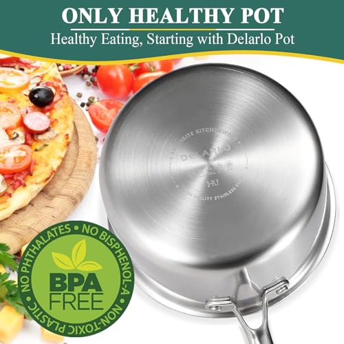 DELARLO Full-body Clad Tri-Ply Stainless Steel 3 Quart Saucepan with Lid - color: Silver, size: 3QT