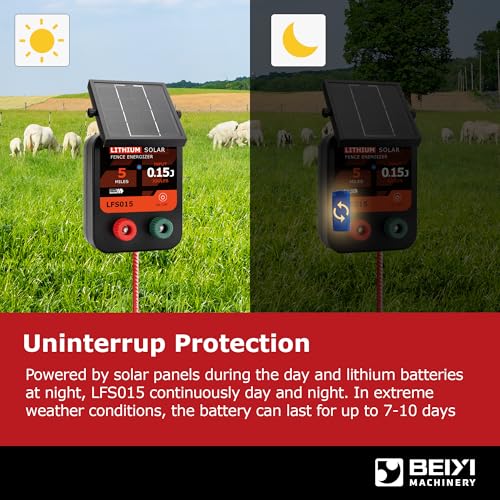 Solar Electric Fence Charger 5 Miles Range 20 Acres 0.15 Joules Energizer | Built-in 3.2V lithium battery & 1.8W solar panel Eco-friendly 0.15J energizer works on cloudy days to secure farms
