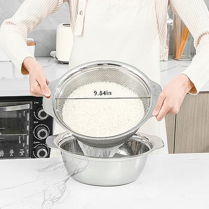 Paoli 304 Stainless Steel Fine Mesh Colander Set, 3.5QT Large Capacity Strainer with Mixing Bowl — Rinse Fruits, Veggies, Rice & Drain Pasta, Dishwasher Safe (2-Piece) - color: Primary color with handle, size: 3.5qt