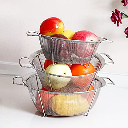 AJIODA Stainless Steel Mesh Colander Strainer Basket, 3 Quart Fine Mesh Net Colander with Heavy Duty Handles & Wide Rim & Resting Feet for Strain, Drain, Rinse, Fry, Steam or Cook Vegetables & Pasta - size: 3 Quart