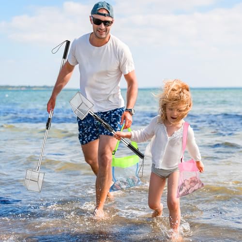 2 Pack Shark Tooth Sifter with 2 Seashell Bags for Beach - size: Long Handle-4Pack