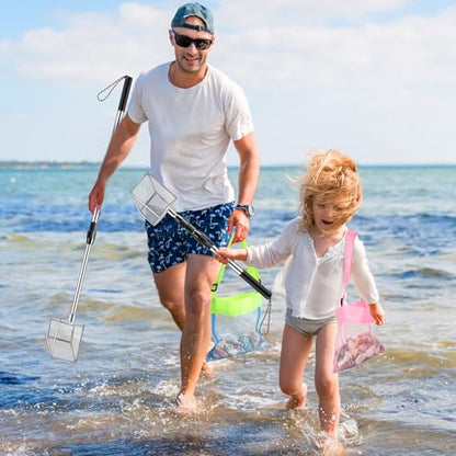 2 Pack Shark Tooth Sifter with 2 Seashell Bags for Beach - size: Long Handle-4Pack