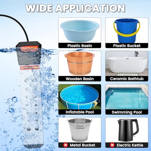 Immersion Water Heater, 2000W Portable Pool Heater with Thermostat & Auto Shut-Off, Electric Bucket Heater with Protective Cover for Inflatable/Above Ground Pools, Bathtub, Camping - Shiny Black - color: Shiny Black