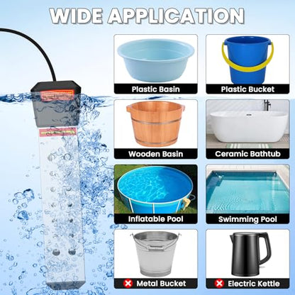 Immersion Water Heater, 2000W Portable Pool Heater with Thermostat & Auto Shut-Off, Electric Bucket Heater with Protective Cover for Inflatable/Above Ground Pools, Bathtub, Camping - Shiny Black - color: Shiny Black