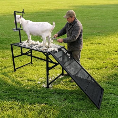 Adjustable Metal Goat Milking Stand，600LBS with Ramp & Feed Bin