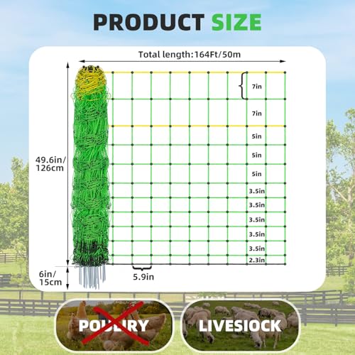 Electric Fence Netting,Livestock Neting,49.6" x 164' Portable Electric Net Fence for Goats,Sheep, Lambs,Hogs in Backyards,Farms,Ranches,Homesteads and Gardens,(14 Posts, 2 Spikes,Green) - size: 49.6" x 164'